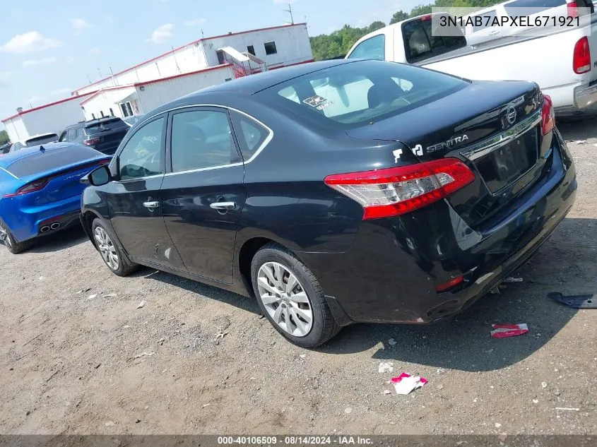 2014 Nissan Sentra Fe+ S/Fe+ Sv/S/Sl/Sr/Sv VIN: 3N1AB7APXEL671921 Lot: 40106509