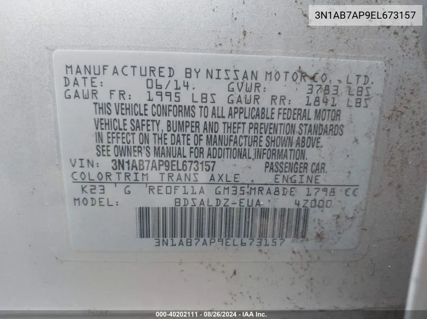 3N1AB7AP9EL673157 2014 Nissan Sentra Sv