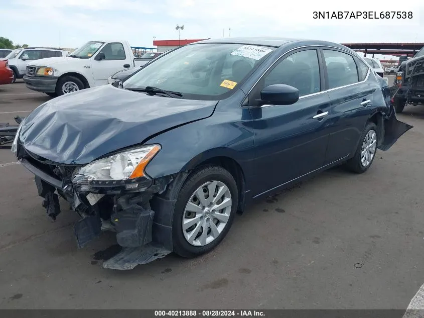 2014 Nissan Sentra S VIN: 3N1AB7AP3EL687538 Lot: 40213888