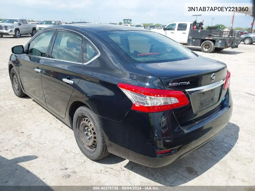 2014 Nissan Sentra Sv VIN: 3N1AB7AP0EY221360 Lot: 40275135