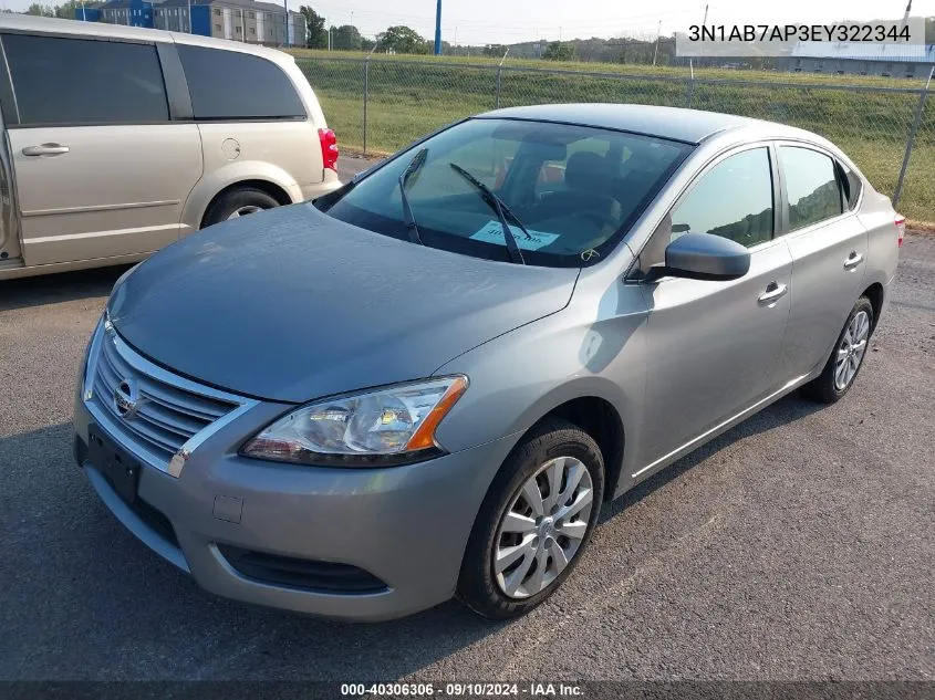 2014 Nissan Sentra Sv VIN: 3N1AB7AP3EY322344 Lot: 40306306