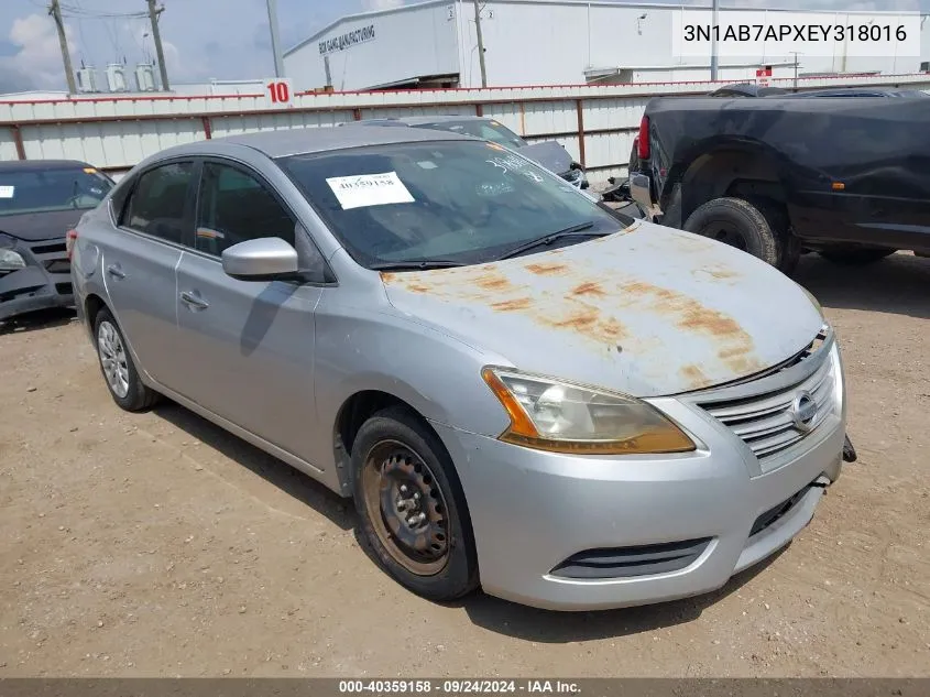 3N1AB7APXEY318016 2014 Nissan Sentra S