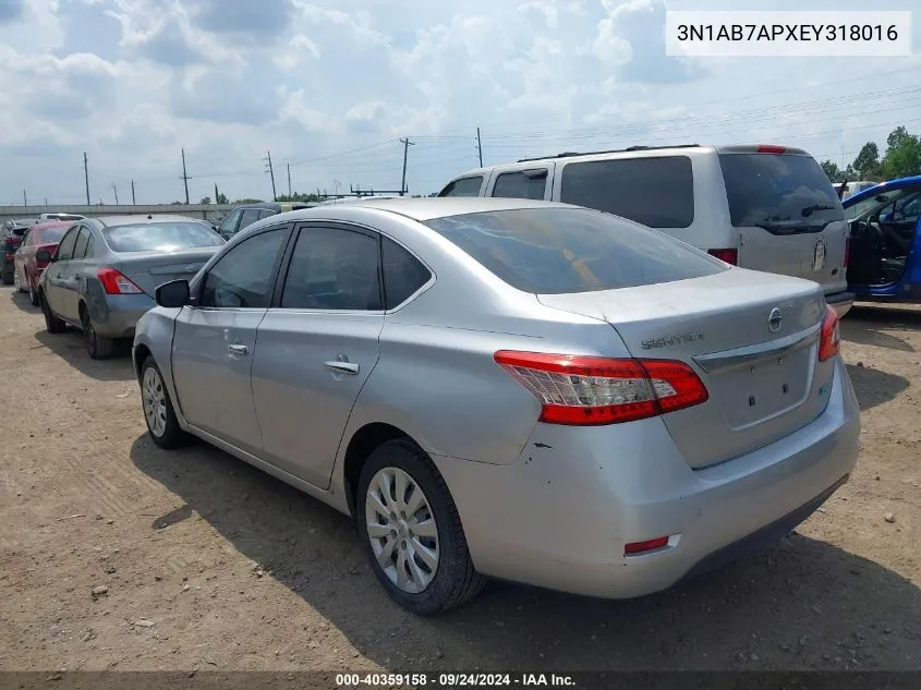 2014 Nissan Sentra S VIN: 3N1AB7APXEY318016 Lot: 40359158