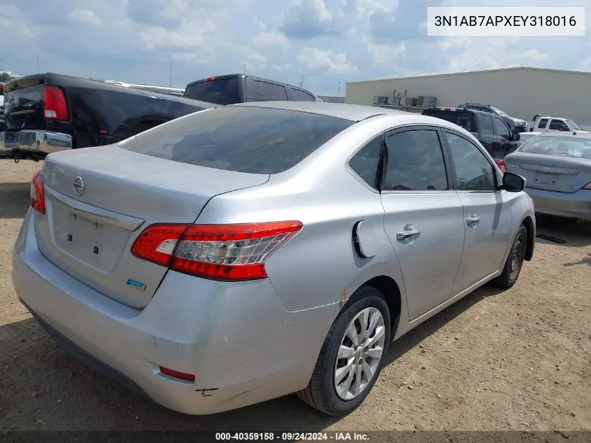 3N1AB7APXEY318016 2014 Nissan Sentra S