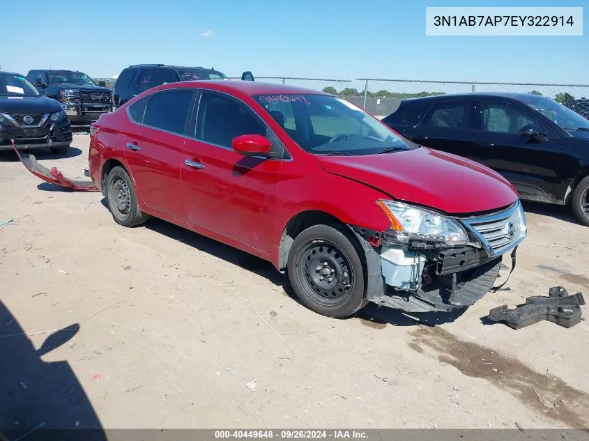 2014 Nissan Sentra S/Sv/Sr/Sl VIN: 3N1AB7AP7EY322914 Lot: 40449648