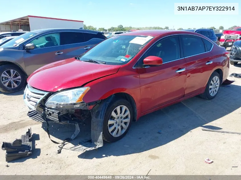 2014 Nissan Sentra S/Sv/Sr/Sl VIN: 3N1AB7AP7EY322914 Lot: 40449648