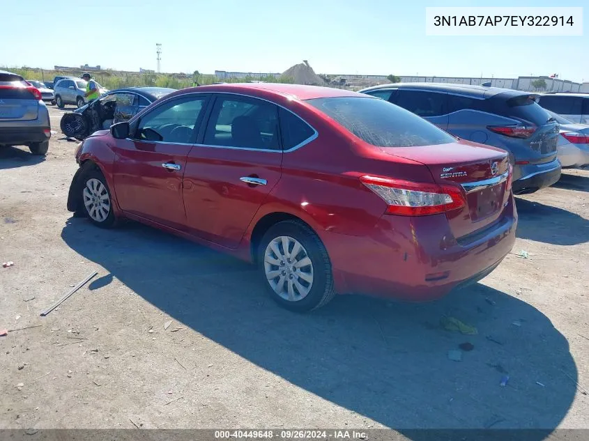 2014 Nissan Sentra S/Sv/Sr/Sl VIN: 3N1AB7AP7EY322914 Lot: 40449648