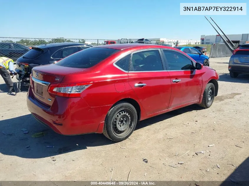 2014 Nissan Sentra S/Sv/Sr/Sl VIN: 3N1AB7AP7EY322914 Lot: 40449648