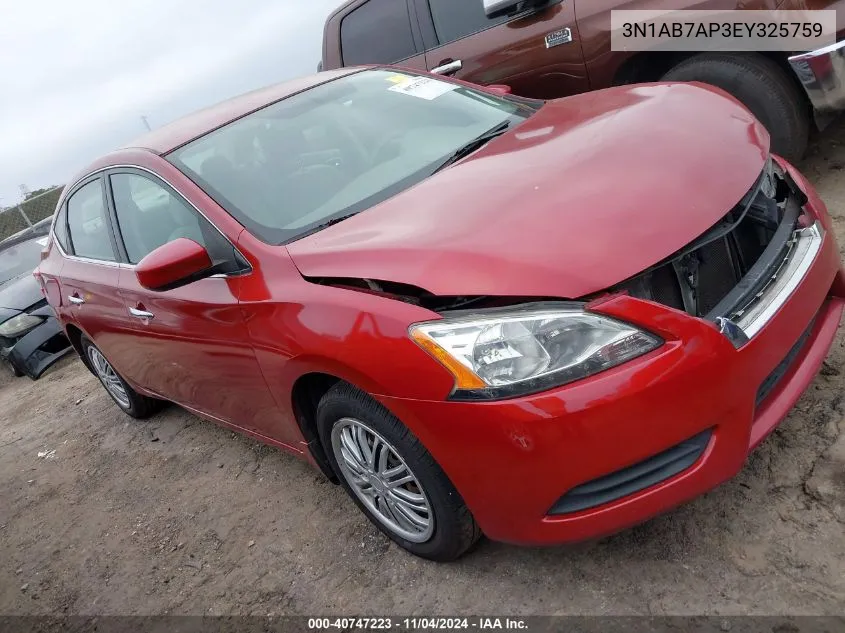 2014 Nissan Sentra S VIN: 3N1AB7AP3EY325759 Lot: 40747223