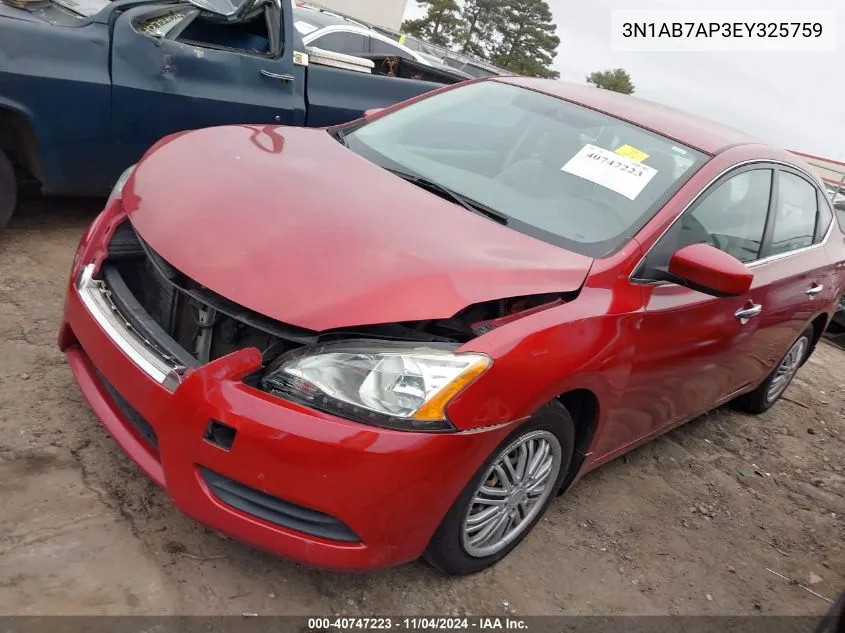 2014 Nissan Sentra S VIN: 3N1AB7AP3EY325759 Lot: 40747223