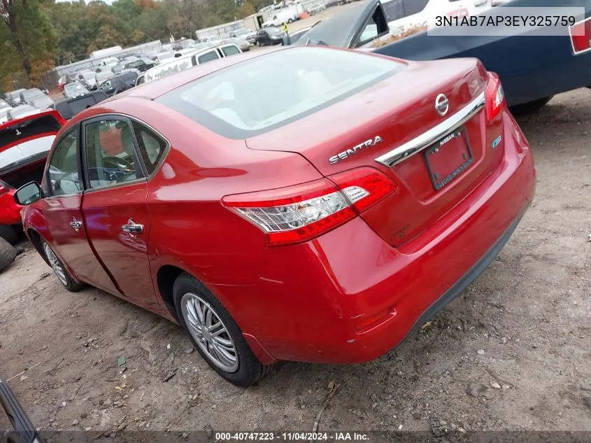 2014 Nissan Sentra S VIN: 3N1AB7AP3EY325759 Lot: 40747223