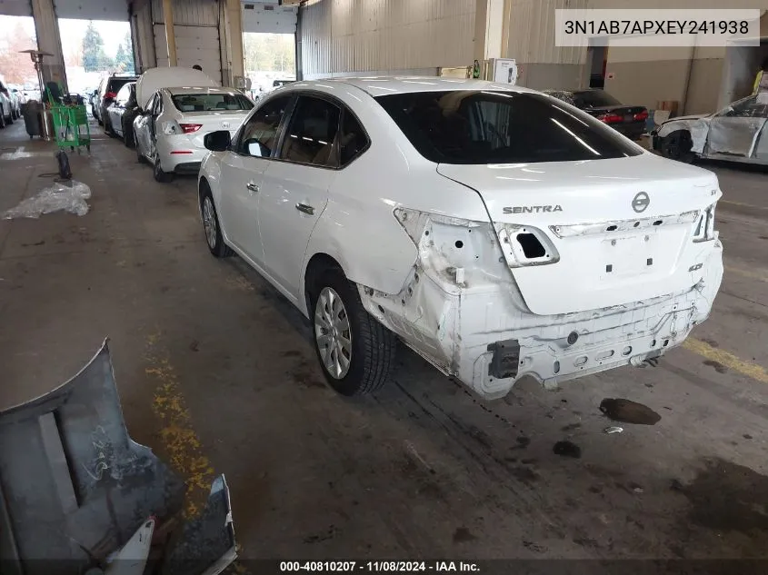 2014 Nissan Sentra Fe+ S/Fe+ Sv/S/Sl/Sr/Sv VIN: 3N1AB7APXEY241938 Lot: 40810207