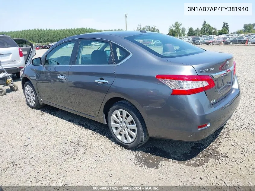 2015 Nissan Sentra Sv VIN: 3N1AB7AP4FY381940 Lot: 40021425