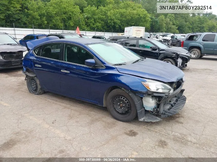 2016 Nissan Sentra Fe+ S/S/Sl/Sr/Sv VIN: 3N1AB7AP8GY232514 Lot: 39730089