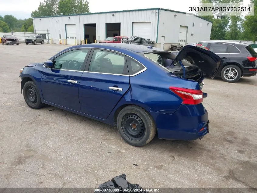 2016 Nissan Sentra Fe+ S/S/Sl/Sr/Sv VIN: 3N1AB7AP8GY232514 Lot: 39730089