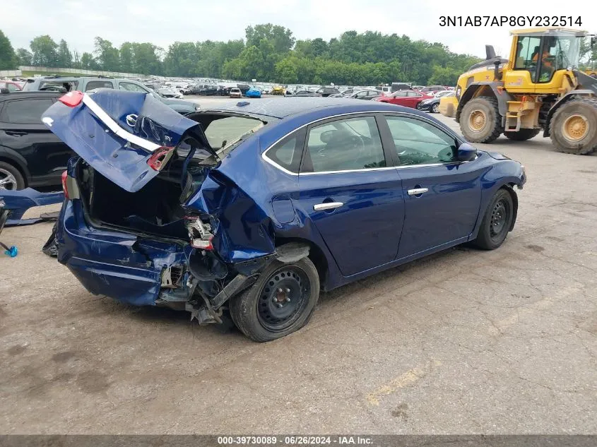 2016 Nissan Sentra Fe+ S/S/Sl/Sr/Sv VIN: 3N1AB7AP8GY232514 Lot: 39730089