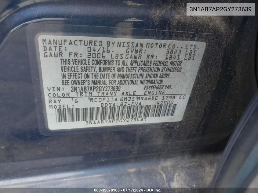 3N1AB7AP2GY273639 2016 Nissan Sentra S