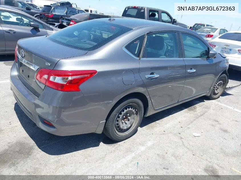 2016 Nissan Sentra Fe+ S/S/Sl/Sr/Sv VIN: 3N1AB7AP3GL672363 Lot: 40013568