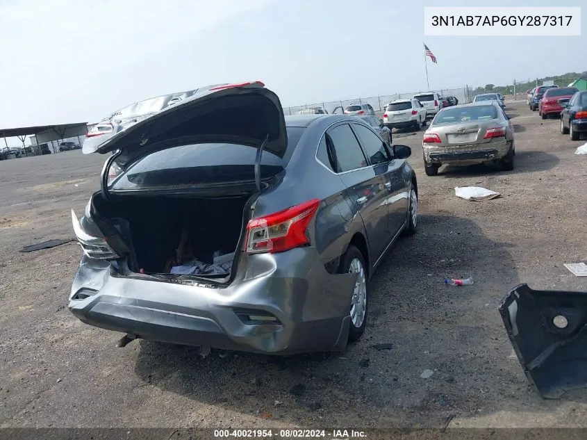 2016 Nissan Sentra S VIN: 3N1AB7AP6GY287317 Lot: 40021954