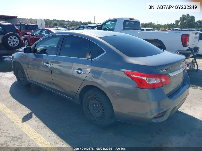 2016 Nissan Sentra Fe+ S/S/Sl/Sr/Sv VIN: 3N1AB7AP4GY232249 Lot: 40142676