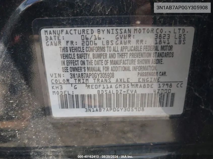 3N1AB7AP0GY305908 2016 Nissan Sentra Sv