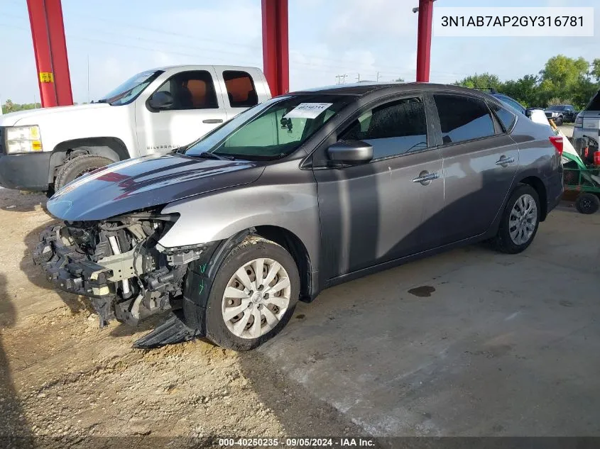 2016 Nissan Sentra S VIN: 3N1AB7AP2GY316781 Lot: 40250235