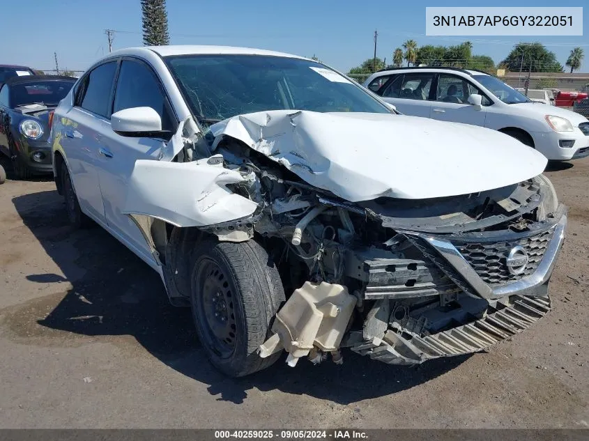 2016 Nissan Sentra S VIN: 3N1AB7AP6GY322051 Lot: 40259025