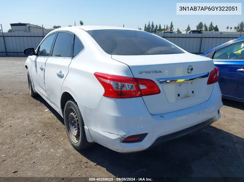 2016 Nissan Sentra S VIN: 3N1AB7AP6GY322051 Lot: 40259025