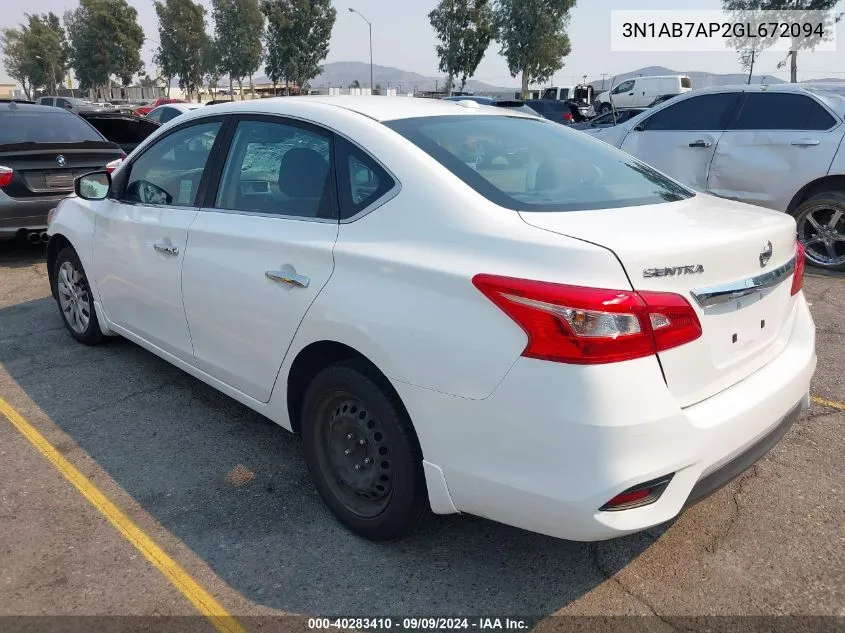 2016 Nissan Sentra Sv VIN: 3N1AB7AP2GL672094 Lot: 40283410