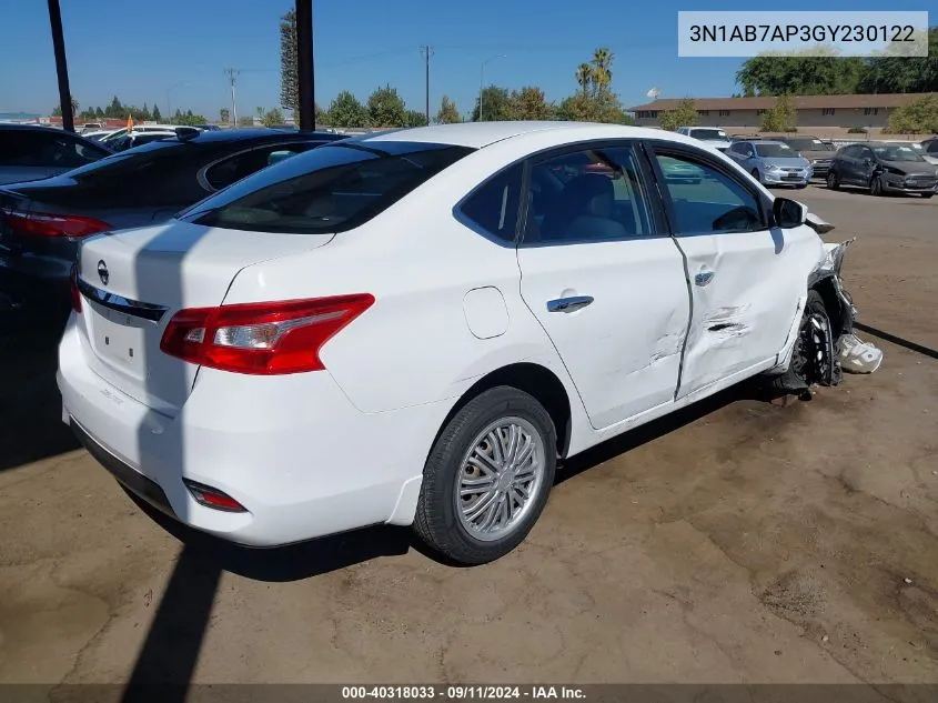 2016 Nissan Sentra S VIN: 3N1AB7AP3GY230122 Lot: 40318033