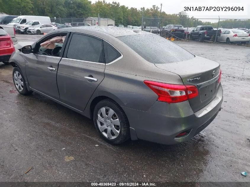 2016 Nissan Sentra S/Sv/Sr/Sl VIN: 3N1AB7AP2GY296094 Lot: 40369423