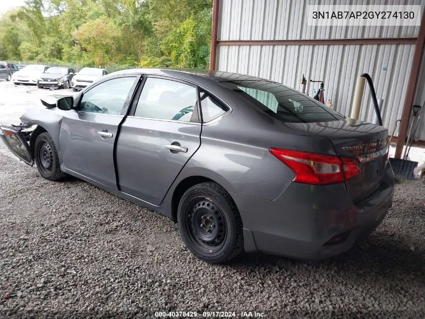 2016 Nissan Sentra S VIN: 3N1AB7AP2GY274130 Lot: 40378429