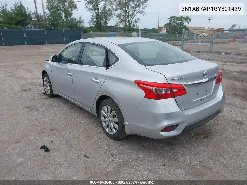 2016 Nissan Sentra S VIN: 3N1AB7AP1GY301429 Lot: 40436460