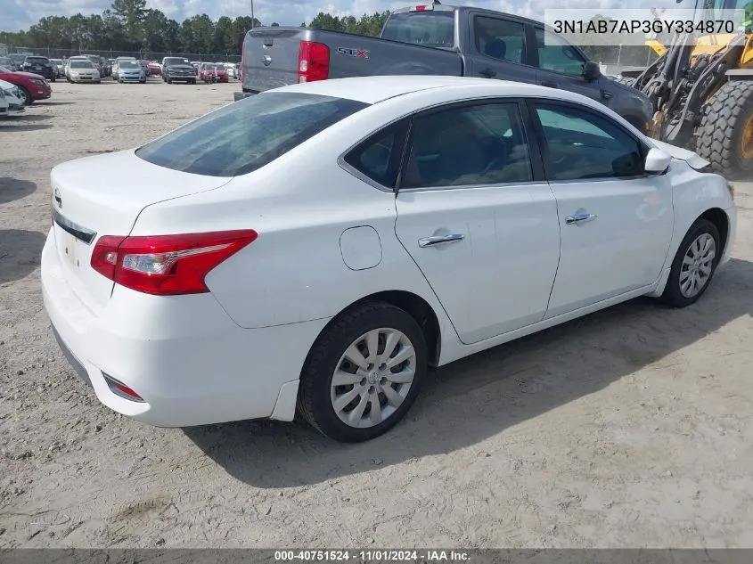 2016 Nissan Sentra S VIN: 3N1AB7AP3GY334870 Lot: 40751524