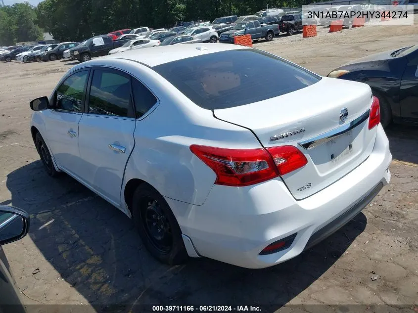 2017 Nissan Sentra Sv VIN: 3N1AB7AP2HY344274 Lot: 39711166