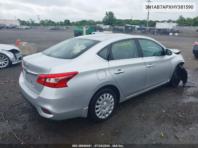 2017 Nissan Sentra S VIN: 3N1AB7APXHY381590 Lot: 39945481