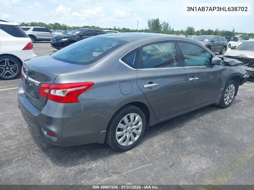 2017 Nissan Sentra S VIN: 3N1AB7AP3HL638702 Lot: 39987038