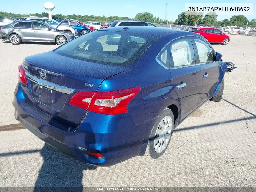 2017 Nissan Sentra Sv VIN: 3N1AB7APXHL648692 Lot: 40082144