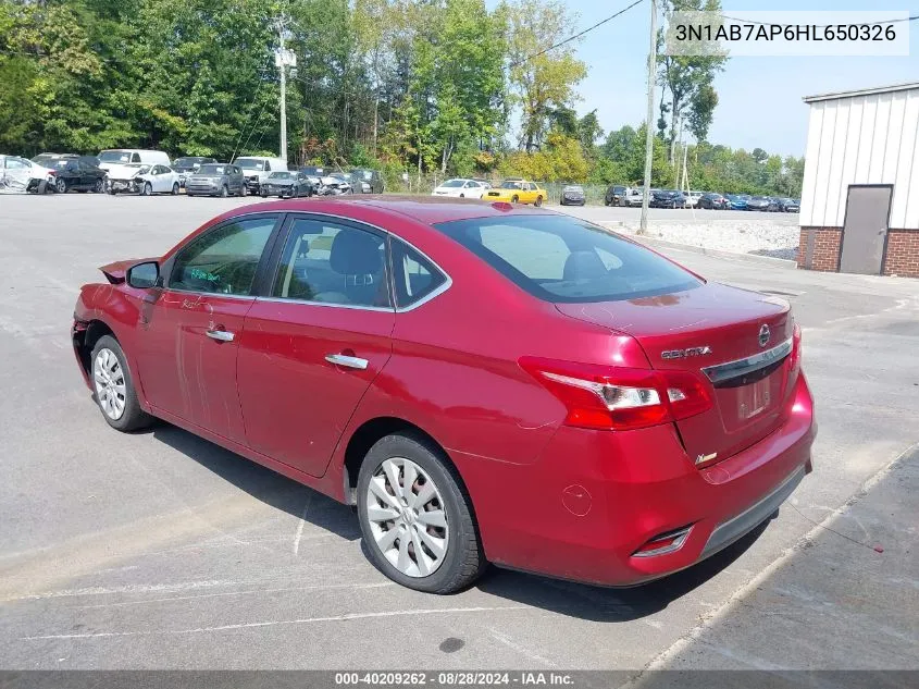 2017 Nissan Sentra Sv VIN: 3N1AB7AP6HL650326 Lot: 40209262