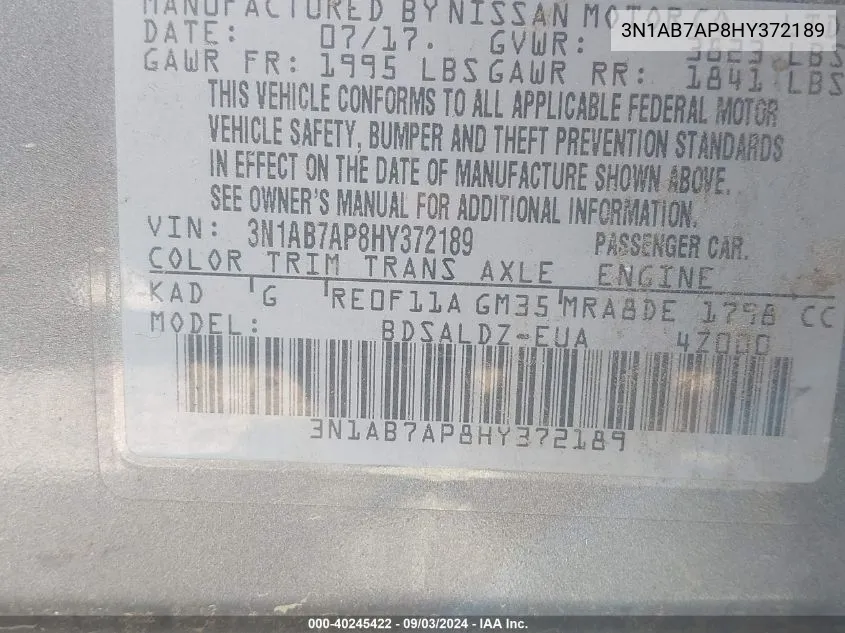 3N1AB7AP8HY372189 2017 Nissan Sentra Sv