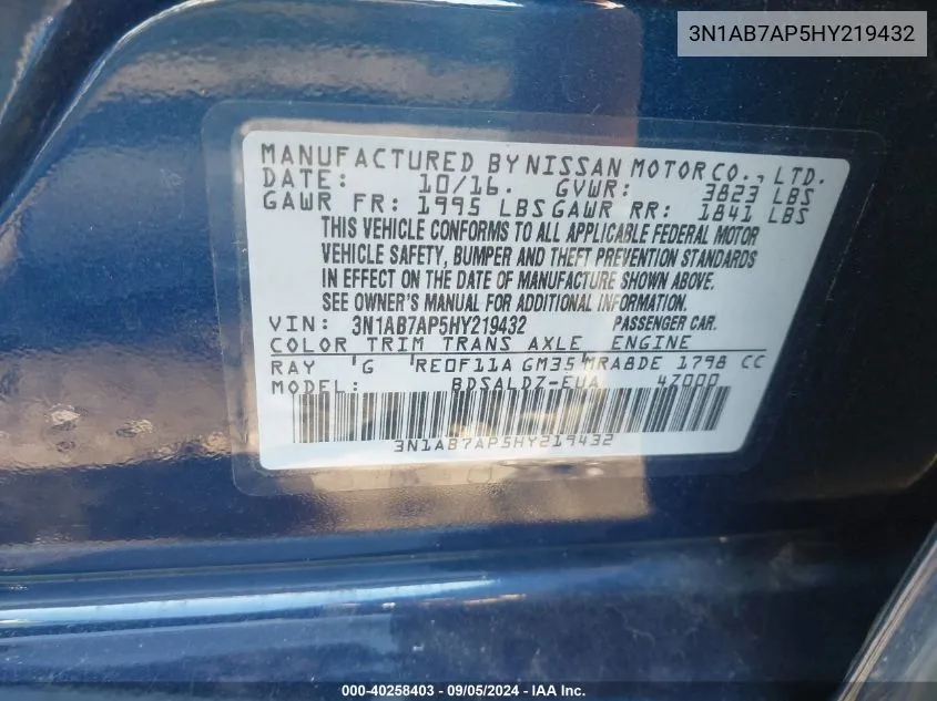 3N1AB7AP5HY219432 2017 Nissan Sentra S/Sv/Sr/Sl