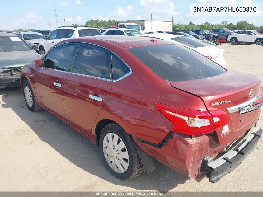 2017 Nissan Sentra Sv VIN: 3N1AB7AP7HL650870 Lot: 40336658