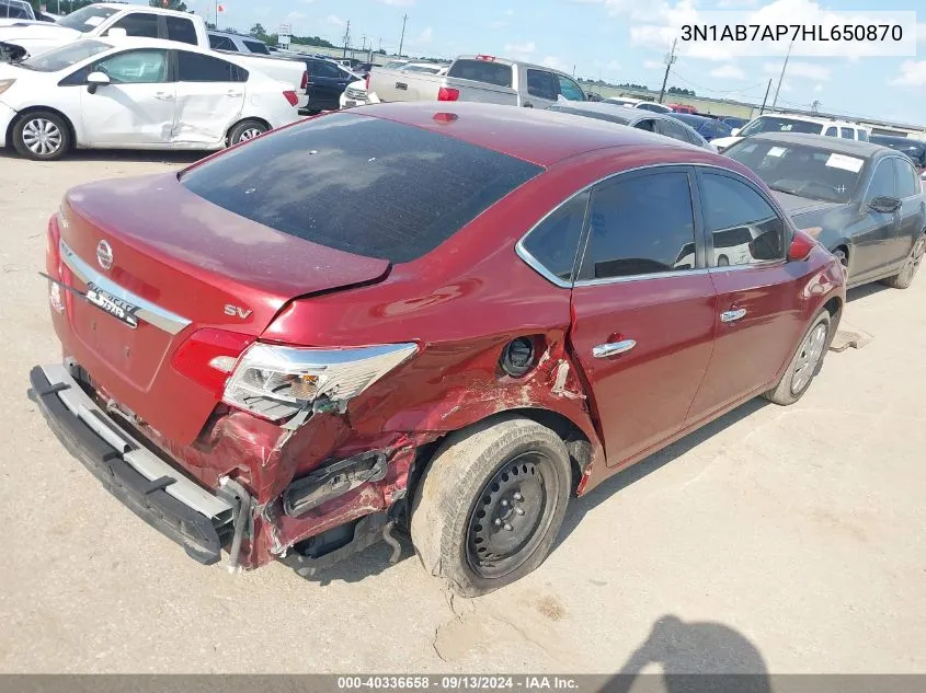 2017 Nissan Sentra Sv VIN: 3N1AB7AP7HL650870 Lot: 40336658