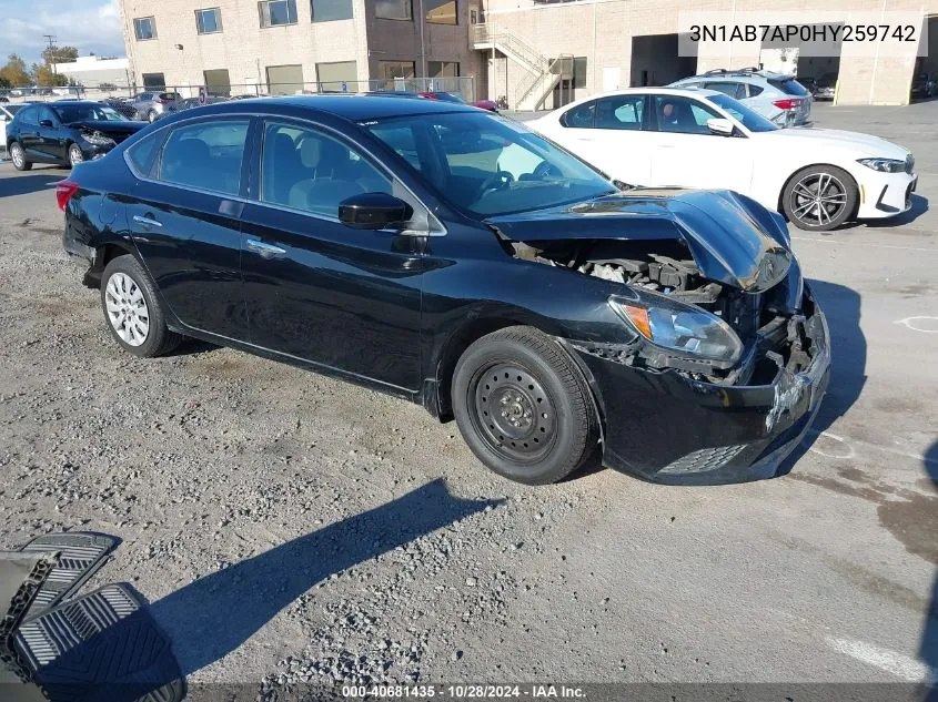 2017 Nissan Sentra S VIN: 3N1AB7AP0HY259742 Lot: 40681435