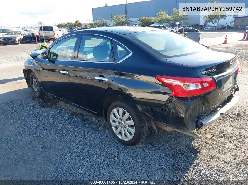 2017 Nissan Sentra S VIN: 3N1AB7AP0HY259742 Lot: 40681435