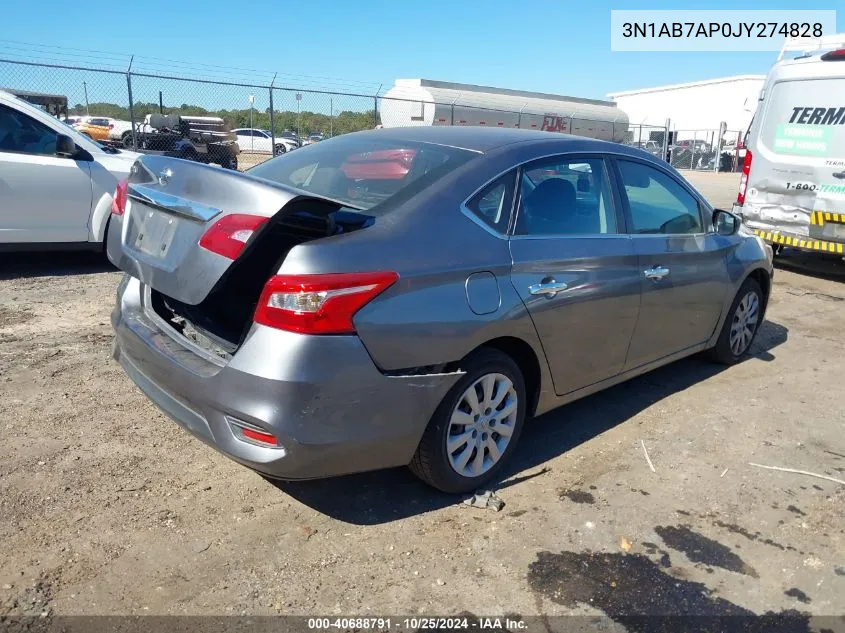 2018 Nissan Sentra S VIN: 3N1AB7AP0JY274828 Lot: 40688791