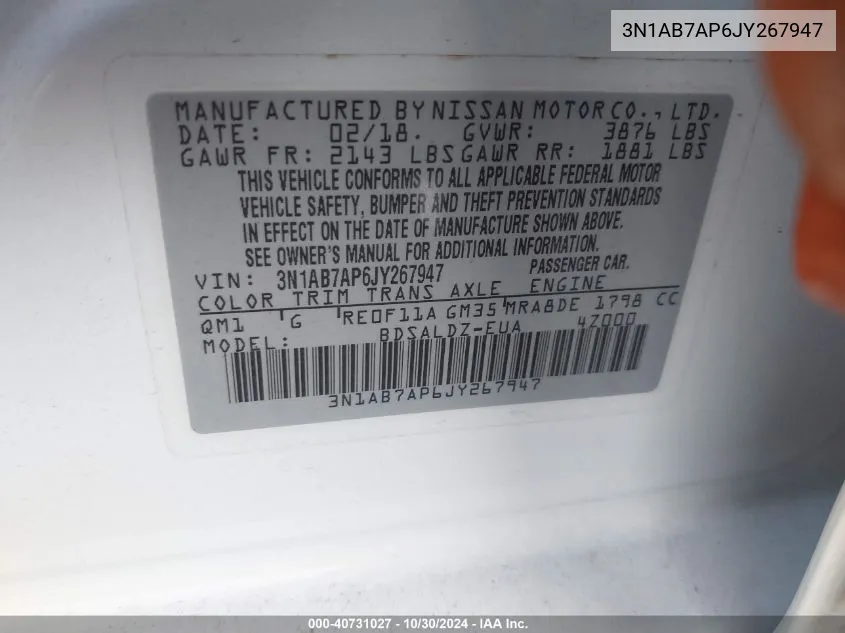 3N1AB7AP6JY267947 2018 Nissan Sentra Sv