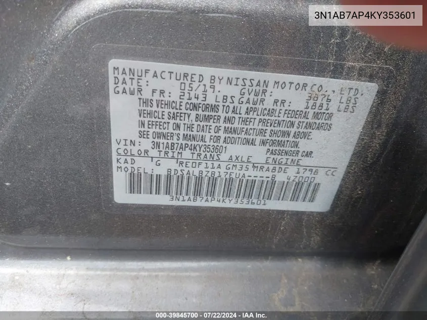 3N1AB7AP4KY353601 2019 Nissan Sentra S