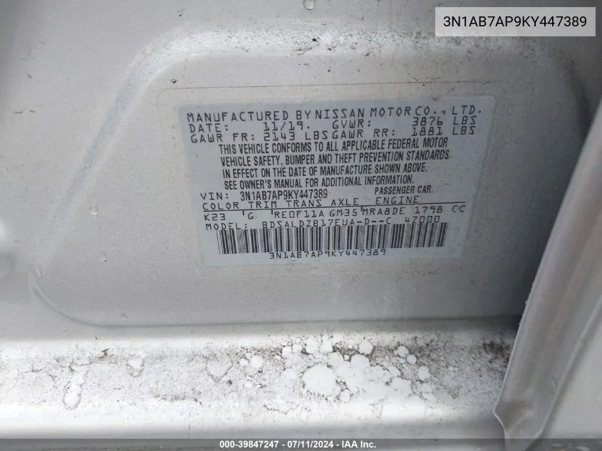 3N1AB7AP9KY447389 2019 Nissan Sentra Sv