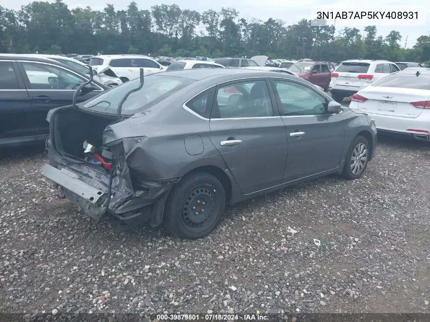 2019 Nissan Sentra S VIN: 3N1AB7AP5KY408931 Lot: 39879801